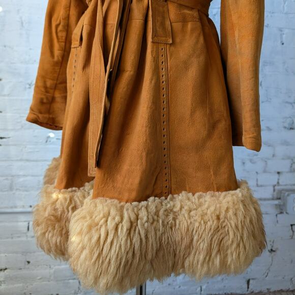 Vintage Orange Suede Penny Lane Jacket Leather Trench Coat Faux Fur Coat Large - Picture 9 of 12
